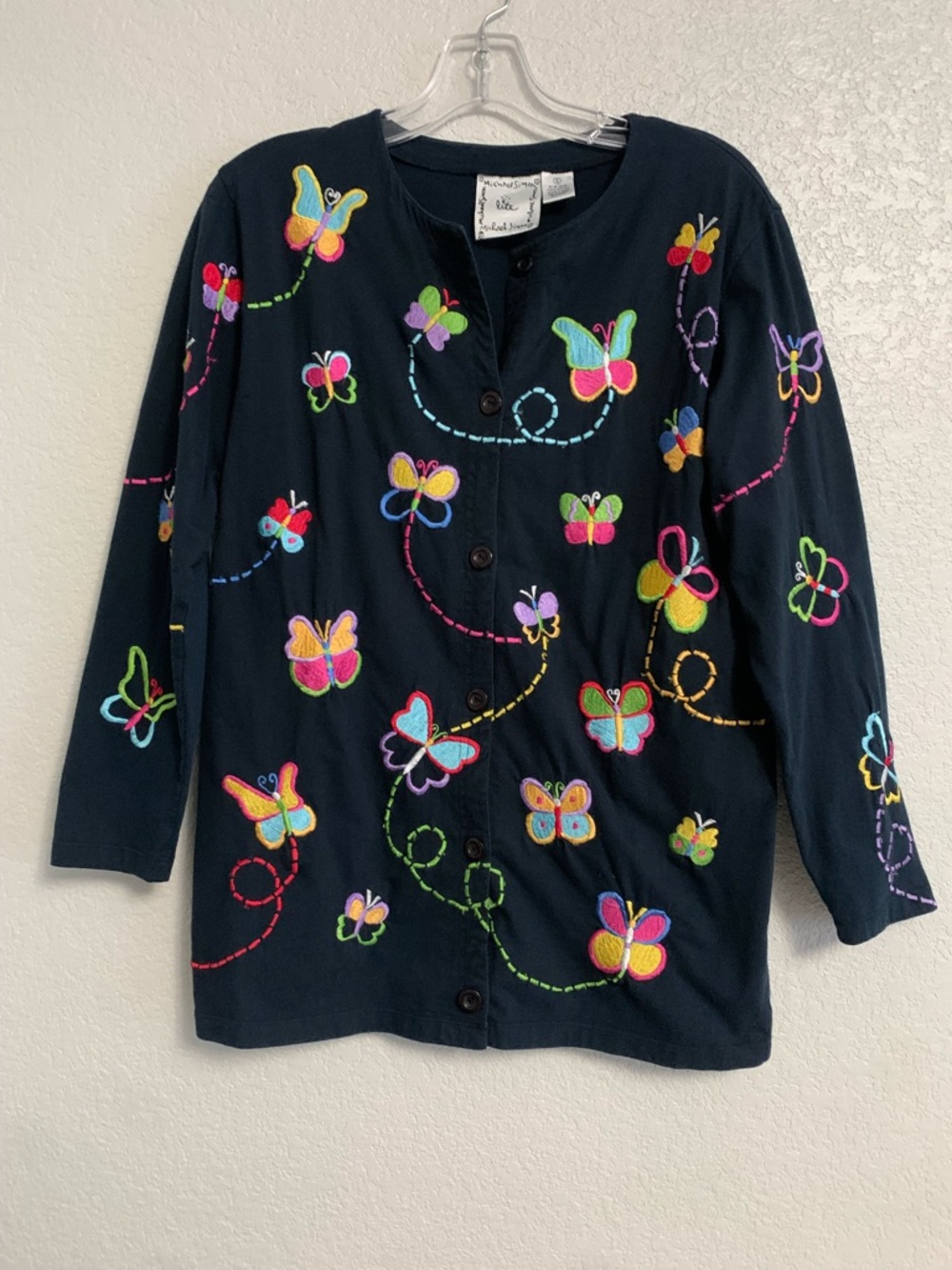 Vtg Michael Simon Cardigan Womens S Butterfly Embroidered Lite Colorful Cotton